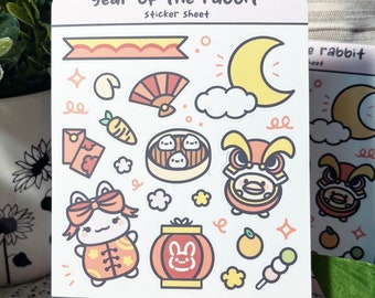 Hoja de pegatinas del Año del Conejo, pegatinas kawaii de conejito para agenda del Año Nuevo Lunar