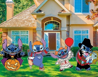 May include: Five Halloween-themed Stitch characters stand in front of a house. Stitch is dressed as a vampire, a hockey player, a clown, a Freddy Krueger, and a doll.