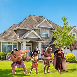 May include: Four cardboard cutouts of characters from the animated film Moana stand in front of a suburban home. The characters are Maui, Moana, Gramma Tala, and Pua. The cutouts are life-sized and feature the characters in their signature poses and outfits.