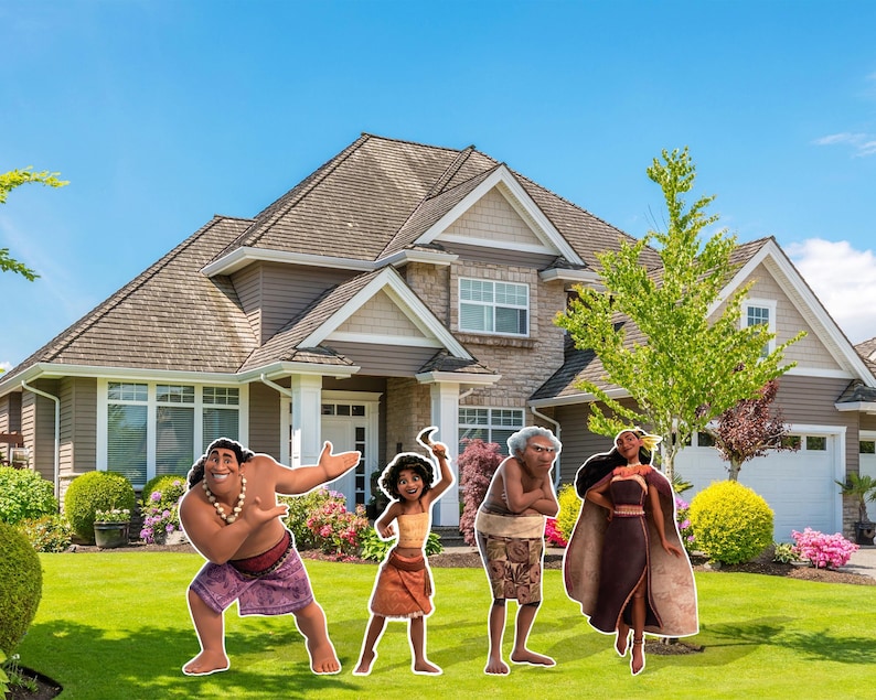 May include: Four cardboard cutouts of characters from the animated film Moana stand in front of a suburban home. The characters are Maui, Moana, Gramma Tala, and Pua. The cutouts are life-sized and feature the characters in their signature poses and outfits.