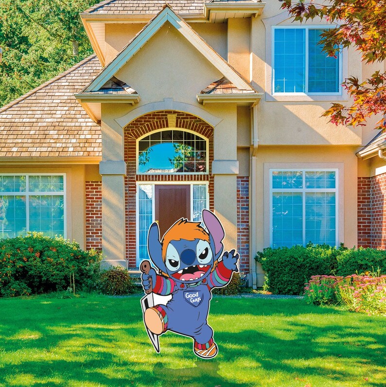 May include: A blue cartoon character with orange hair holding a knife and wearing a striped shirt and blue overalls. The character is standing in front of a house with a green lawn. The character has the words "Good Guy" printed on the front of the overalls.
