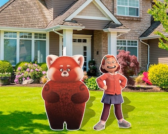 May include: A red panda cartoon character stands next to a girl cartoon character wearing a red sweater, a blue skirt, and glasses. They are both standing on a green lawn in front of a house.