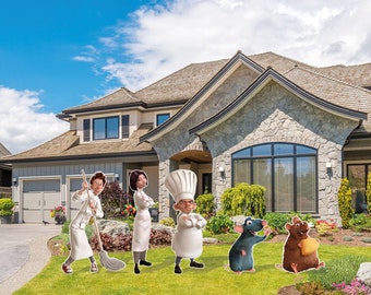 May include: A group of characters from the animated movie Ratatouille stand in front of a house. The characters include Remy the rat, Linguini, Colette Tatou, and Chef Gusteau. The characters are all wearing their signature outfits from the movie.