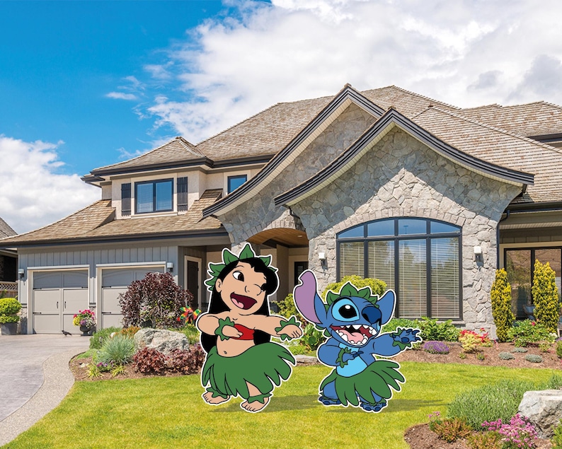 May include: Two cartoon cutouts of Lilo and Stitch dancing on a green lawn in front of a large house. Lilo is wearing a red top and green skirt. Stitch is blue with a green skirt. The sky is blue with white clouds.