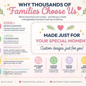 May include: An informational graphic titled Why Thousands of Families Choose Us, featuring pink, green, purple, and yellow icons. It lists 9,000+ sales, 1,900+ reviews, premium 4mm corrugated plastic, and custom design services for special moments.