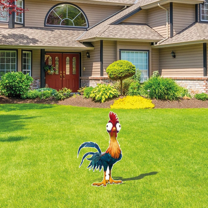 May include: A flat, cutout yard sign featuring a cartoon rooster with wide, bulging eyes, a bright red comb, and a body with orange, yellow, and dark blue feathers. The rooster stands on two yellow feet, depicted in a stylized, animated aesthetic.