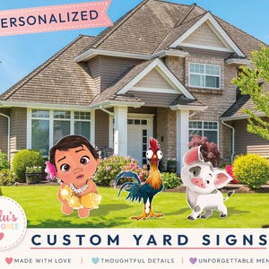 May include: Custom yard signs featuring a cartoon baby girl with a flower in her hair, a colorful rooster, and a small piglet. The signs are displayed on a green lawn in front of a house. Text includes PERSONALIZED, Lulu's JAMBOREE, and CUSTOM YARD SIGNS.