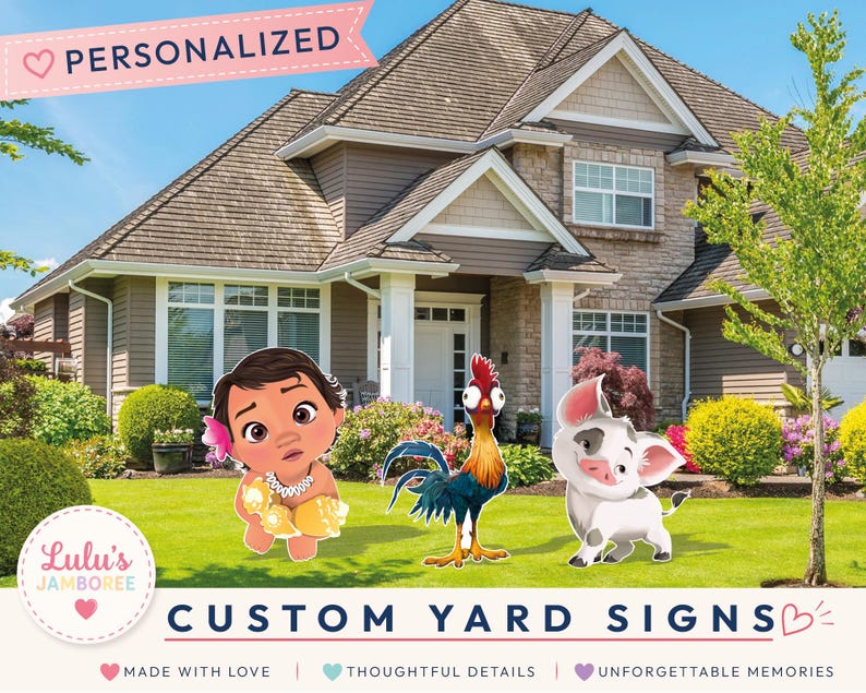 May include: Custom yard signs featuring a cartoon baby girl with a flower in her hair, a colorful rooster, and a small piglet. The signs are displayed on a green lawn in front of a house. Text includes PERSONALIZED, Lulu's JAMBOREE, and CUSTOM YARD SIGNS.