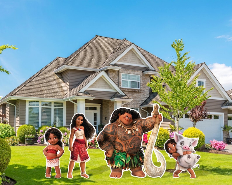 May include: A set of five Moana-themed cardboard cutouts featuring Maui, Moana, Pua the pig, and two other characters. The cutouts are standing in front of a house with a green lawn.