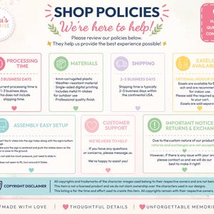 May include: A shop policy information graphic for Lulu's Jamboree featuring sections on processing time, materials, shipping, optional easels, assembly instructions, customer support, returns, and a copyright disclaimer with a soft floral border.
