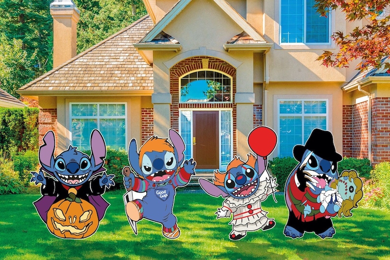 May include: Five Halloween-themed Stitch characters stand in front of a house. Stitch is dressed as a vampire, a hockey player, a clown, a Freddy Krueger, and a doll.