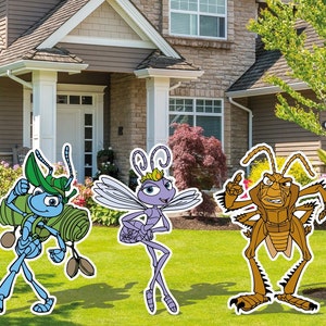 May include: Three cartoon insects stand on a green lawn in front of a house. A blue ant with a green backpack and a hat is walking to the left. A purple fairy with a crown is standing in the middle. A brown cockroach with a grumpy expression is standing to the right.