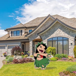 May include: A colorful cartoon cutout of a character in a green grass skirt and red top, with a green headband, winking and dancing on a green lawn in front of a large house with a stone facade and blue sky.