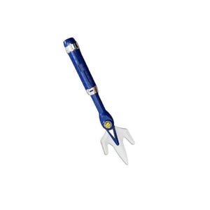 May include: A blue and silver pasta fork with a three-pronged, white fork head. The handle is a textured blue with silver accents. A gold emblem is at the base of the fork head.