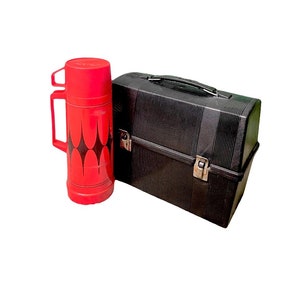 Vintage Black ALADDIN Work Lunch Box w/ Thermos - Railroad, Construction