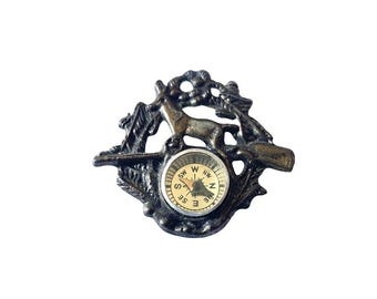 ANTIQUE Cast-Metal VICTORIAN Decorative Wardrobe Brooch Pin or Fob with Working Compass - Gadget