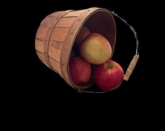 Wooden Apple Basket with Handle - Rustic Produce or Fruit Container, Farmhouse Decor, Harvest Peck