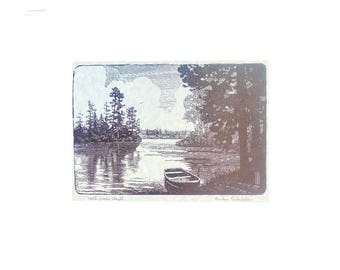 Vintage Schwarz-Weiß Landschaftsdruck “NORTH WOODS Idyll” Radierung von Harlan Scheffler - SIGNIERT
