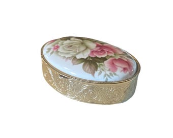 Oval Gold-Toned Travel Pill Box with Porcelain Rose Cover and Clasp + Coins, Herb, Misc.