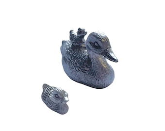 Set of Miniature PEWTER Ducks with Duckling Figurines