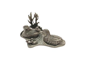 Adorable Set of Miniature PEWTER Ducks with Ducklings, Mallard and Base