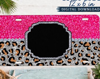 Pink Glitter Leopard Car Tag PNG | 12x6 Sublimation License Plate Design | Sparkly Animal Print Digital Download