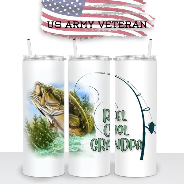 Reel Cool Grandpa, Fishing 20 oz Skinny Tumbler, Print, Sublimation, Straight Image, Waterslide, PNG Download