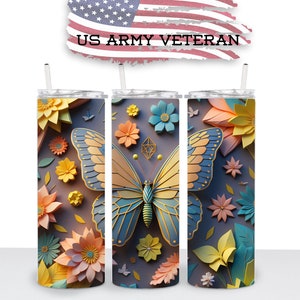 3D Butterfly & FLowers Pastel Color, 20oz. Skinny Tumbler Wrap, PNG Image, PNG Tumbler Wrap, Sublimation, Waterslide, Instant Download