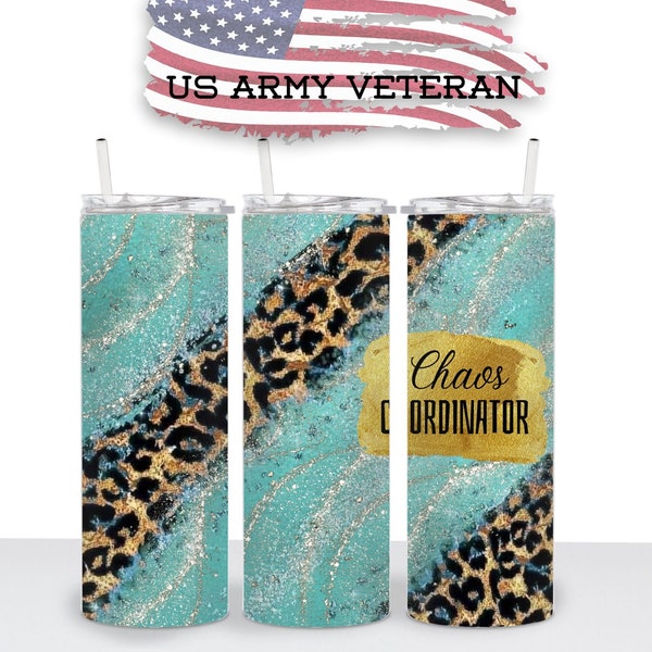 Chaos Coordinator, Teal & Gold Leopard Tumbler Wrap, 20 oz Skinny Tumbler, Print, Sublimation, Straight Image, Waterslide, PNG Download