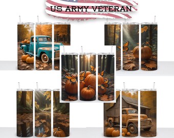 5 Fall Sunset Pumpkins, Old Truck, Colorful Tumbler Wrap, 20oz Skinny Tumbler Print, Sublimation, Straight Image, Waterslide, PNG Download