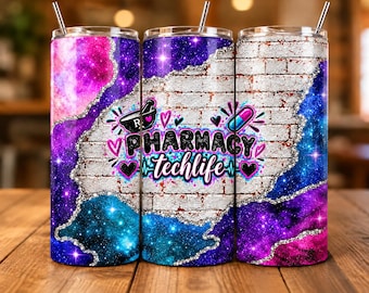 Pharmacy Tech Life 20oz Tumbler Wrap PNG, Pharmacy Technician Sublimation Design, Colorful Glitter Digital Download