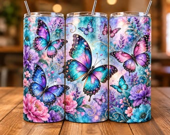 Butterfly Floral 20oz Tumbler Wrap PNG, Pink Purple Blue Butterfly Sublimation Design, Floral Tumbler Digital Download
