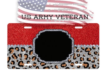 Sublimation License Plate Template - Leopard Print Car Tag PNG - Leopard Print PNG - Red Glitter License Plate Design - Car Tag File PNG