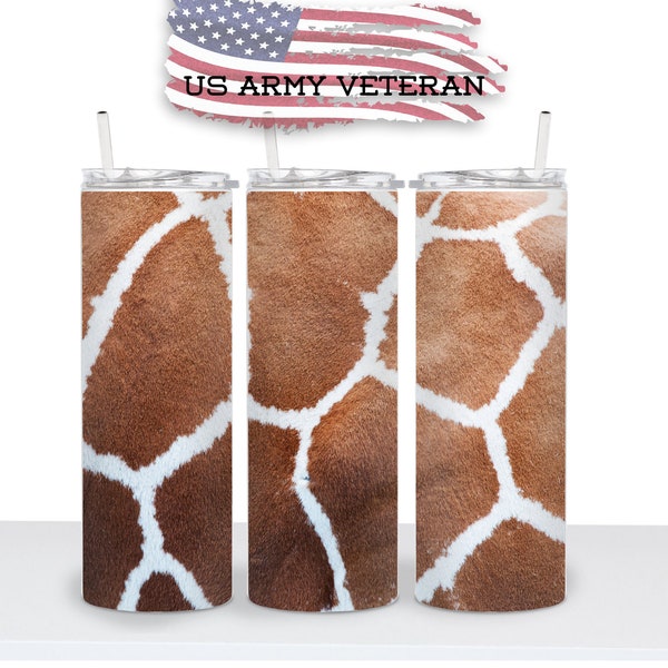 20oz Skinny Tumbler Realistic Giraffe Print Sublimation Tumbler PNG Wrap Design Download Brown & Tan PNG