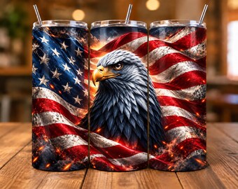 Patriotic Eagle Tumbler Wrap PNG, American Flag Sublimation Design, Bald Eagle 20oz Skinny Tumbler Wrap, USA Digital Download