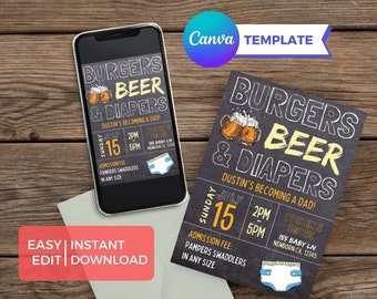 Editable Burgers, Beer, and Diapers Guy Baby Shower Invitation Digital, Editable in Canva, Canva Printable Download