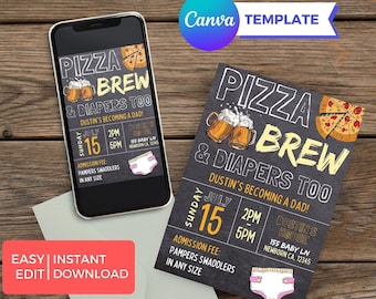 Editable Pizza, Brew, and Diapers Too Guy Baby Shower Invitation Digital, Editable in Canva, Canva Printable Download