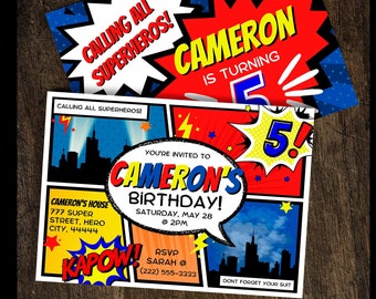 Editable in Canva Superhero, Comic Book, Boy, Birthday Invitations with Thank You Cards