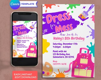 Editable Painting Party Birthday Invitation Digital, Dress for a Mess, Editable in Canva, Canva Printable Download