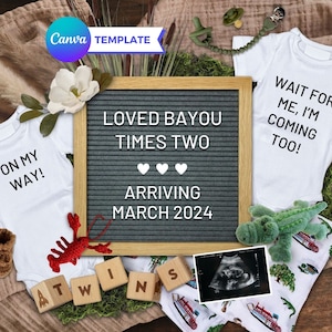 Digital Louisiana Bayou Twin Baby Announcement, Pregnancy Announcement Cajun, Bayou Baby, Editable Canva
