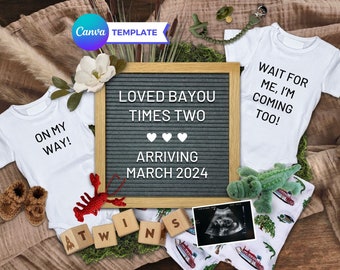 Digital Louisiana Bayou Twin Baby Announcement, Pregnancy Announcement Cajun, Bayou Baby, Editable Canva