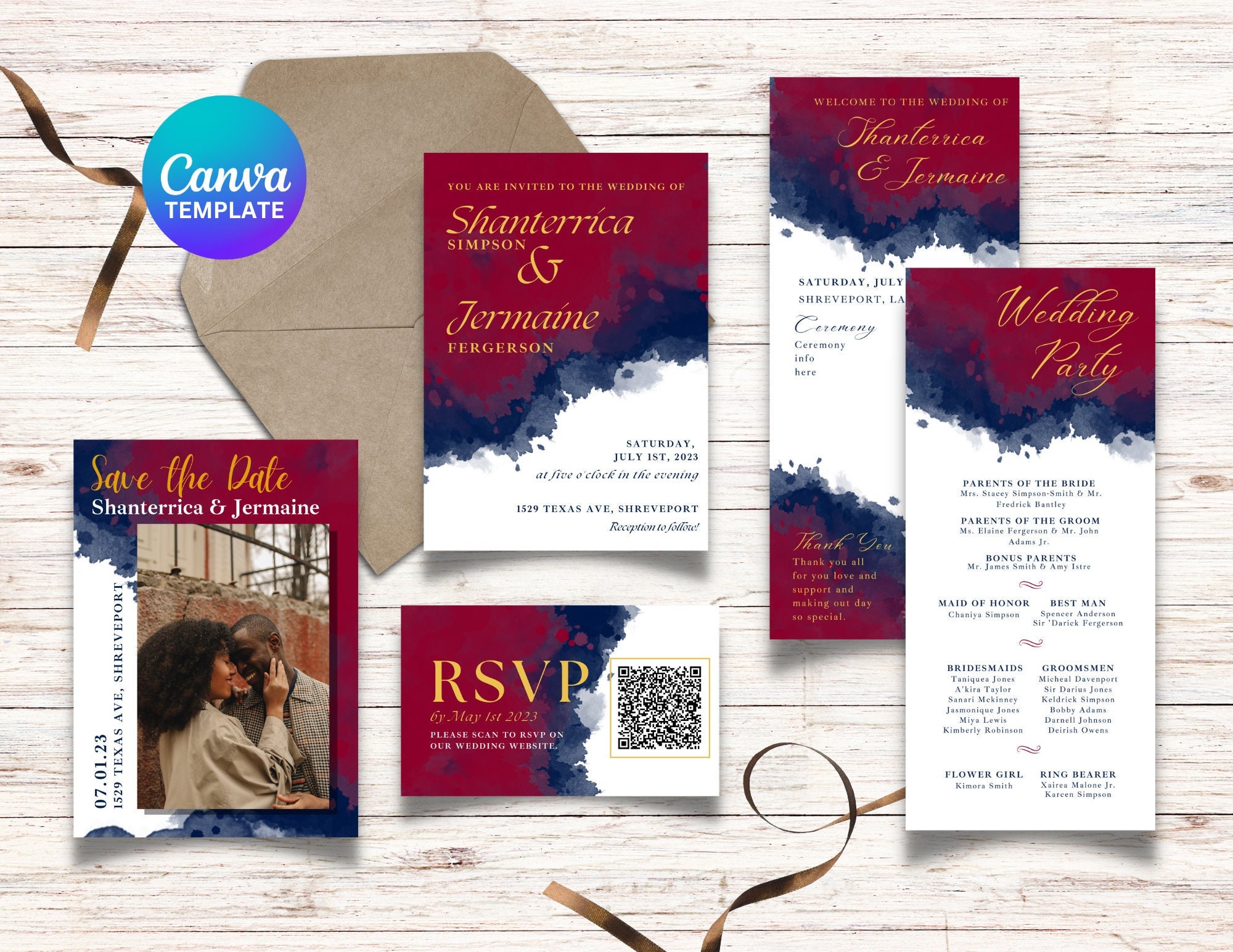 Navy and Burgandy Wedding Invitation Printable Canva Template Save The Date Programs RSVP Downloadable Wedding