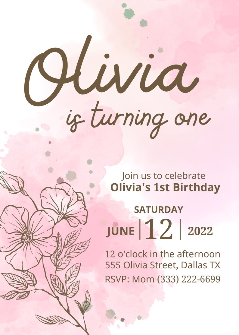 Editable Pink Watercolor Birthday Invitation Digital, Floral