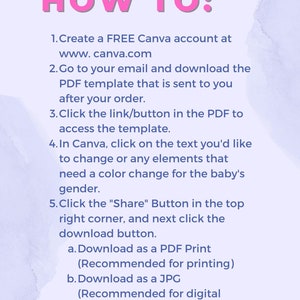 May include: A light blue and white graphic with instructions on how to use Canva to edit a PDF template. The text reads "HOW TO:" followed by a numbered list of steps. The steps include creating a free Canva account, downloading a PDF template, editing the template, and downloading the finished product.