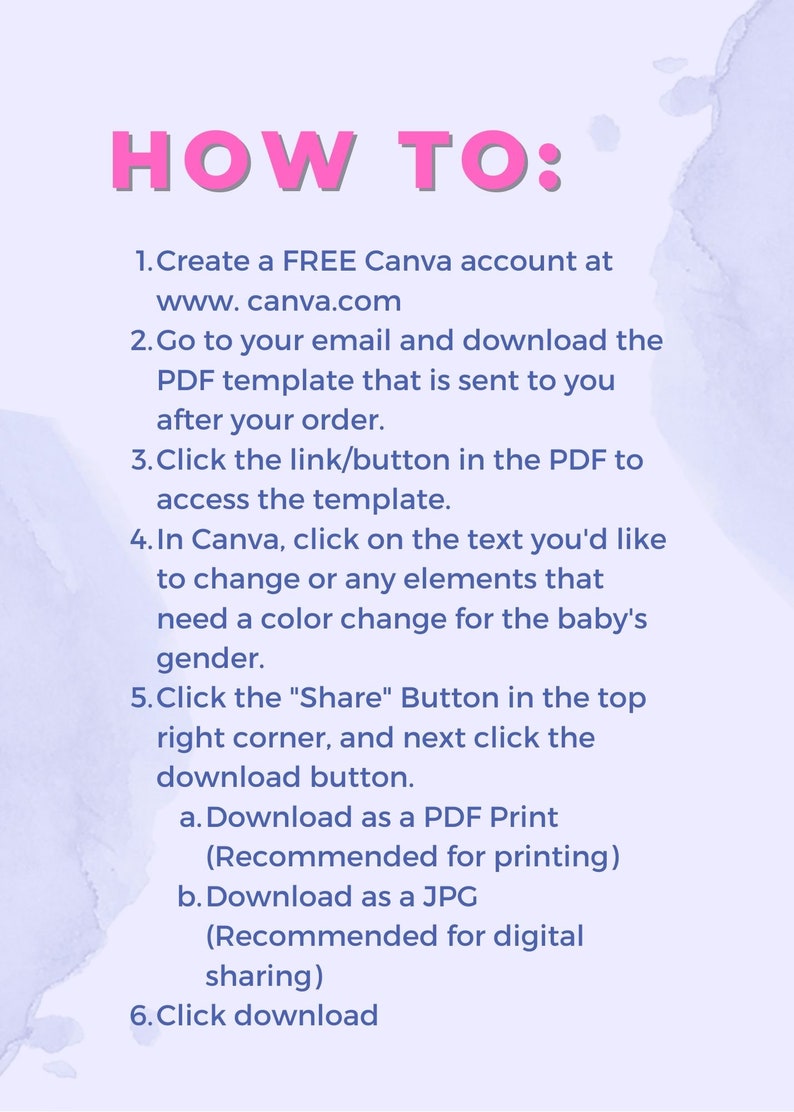 May include: A light blue and white graphic with instructions on how to use Canva to edit a PDF template. The text reads "HOW TO:" followed by a numbered list of steps. The steps include creating a free Canva account, downloading a PDF template, editing the template, and downloading the finished product.