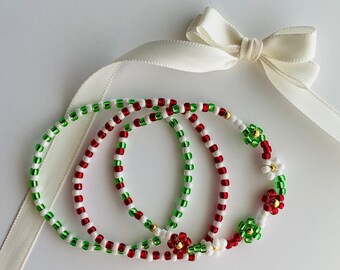 Glass Beaded Handmade Daisy Canes Holiday Spirit Bracelet Set, Red White Green, Merry Christmas, December, Holiday, Candy cane, Spearmint