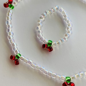 Glass Bead Handmade Cheerfully Cherry Bracelet, clear red green, colorless, two tone, fruit, cherry, fruit bracelet, dainty, stretchy