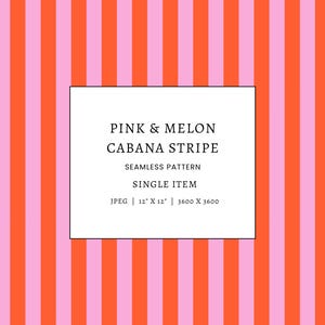 May include: A seamless pattern featuring vertical stripes in pink and melon colors. The design is labeled "Pink & Melon Cabana Stripe" and is a single item, with dimensions of 12" x 12".
