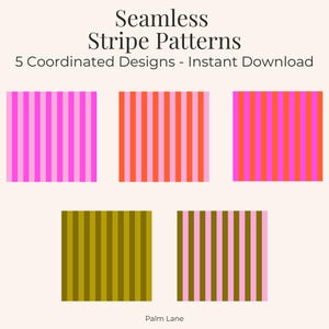 以下が含まれることがあります： 5つのコーディネートされたデザインのシームレスストライプパターン。画像には、ピンク、オレンジ、オリーブグリーンなど、さまざまな色の組み合わせの縦縞模様の正方形が5つ表示されています。「Seamless Stripe Patterns」と「Instant Download」というテキストが表示されています。