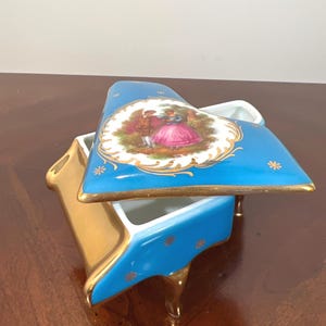 Vintage Miniature Grand Piano Limoges Trinket Box, Bright Blue Wedding Ring Holder, Courting Couple France, Collectible Jewelry Gift Holder